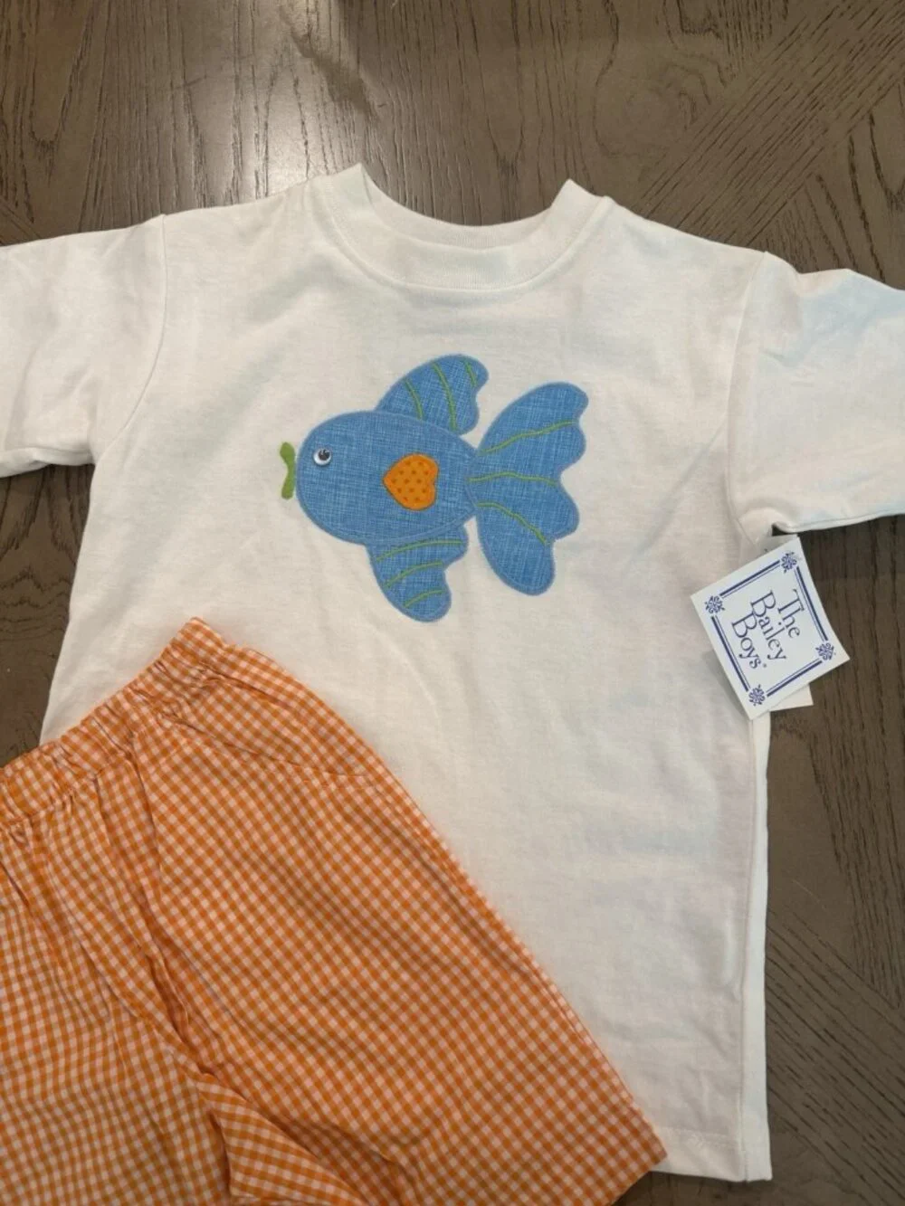 The Bailey Boys Size 5 Fish Applique T-Shirt & Orange Gingham Shorts Set